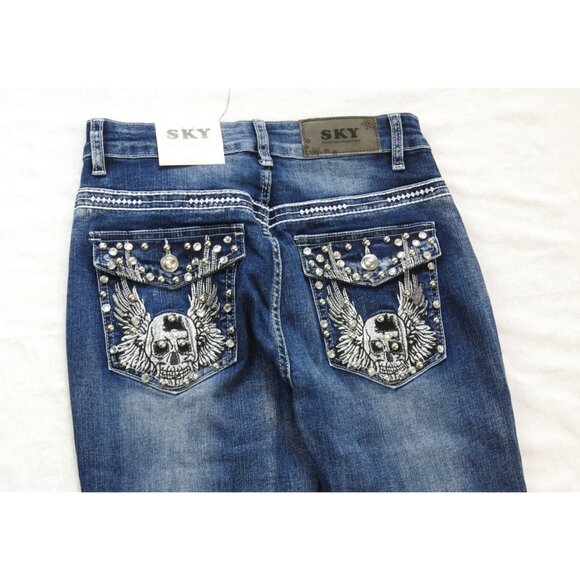 New Sky Premium Women's Western Flared Jeans Sz 7 Angel Wings Skull Y2K - Picture 5 of 12